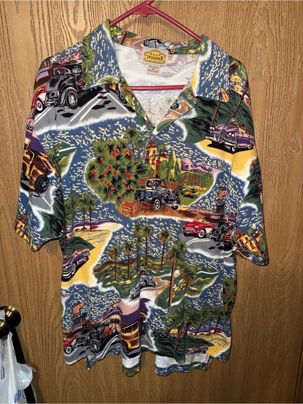reyn spooner Blue, Green, Yellow Vintage Car Hawaiian Polo